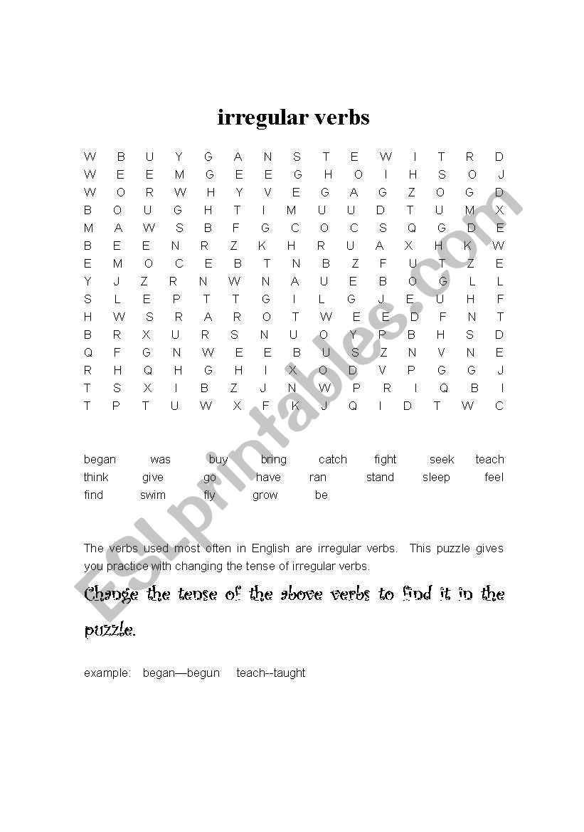 Irregular verb word search worksheet