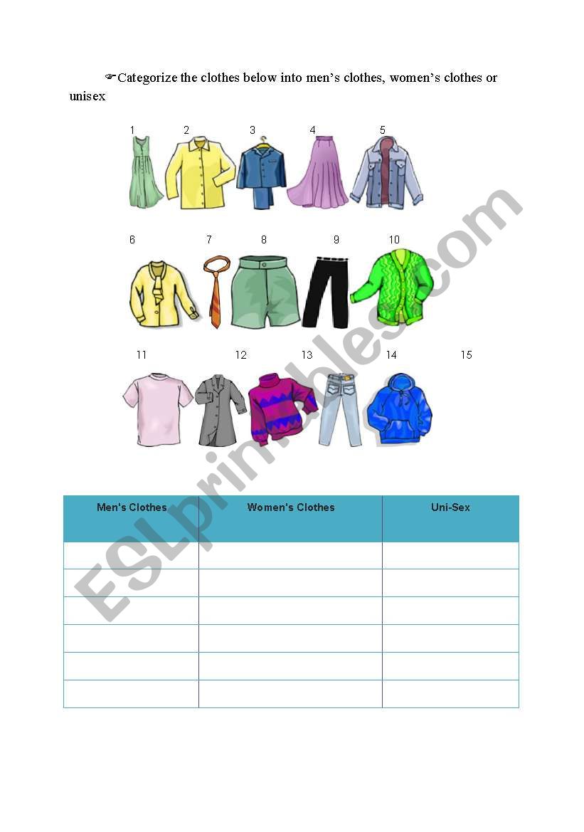 Categorizing the Clothes worksheet