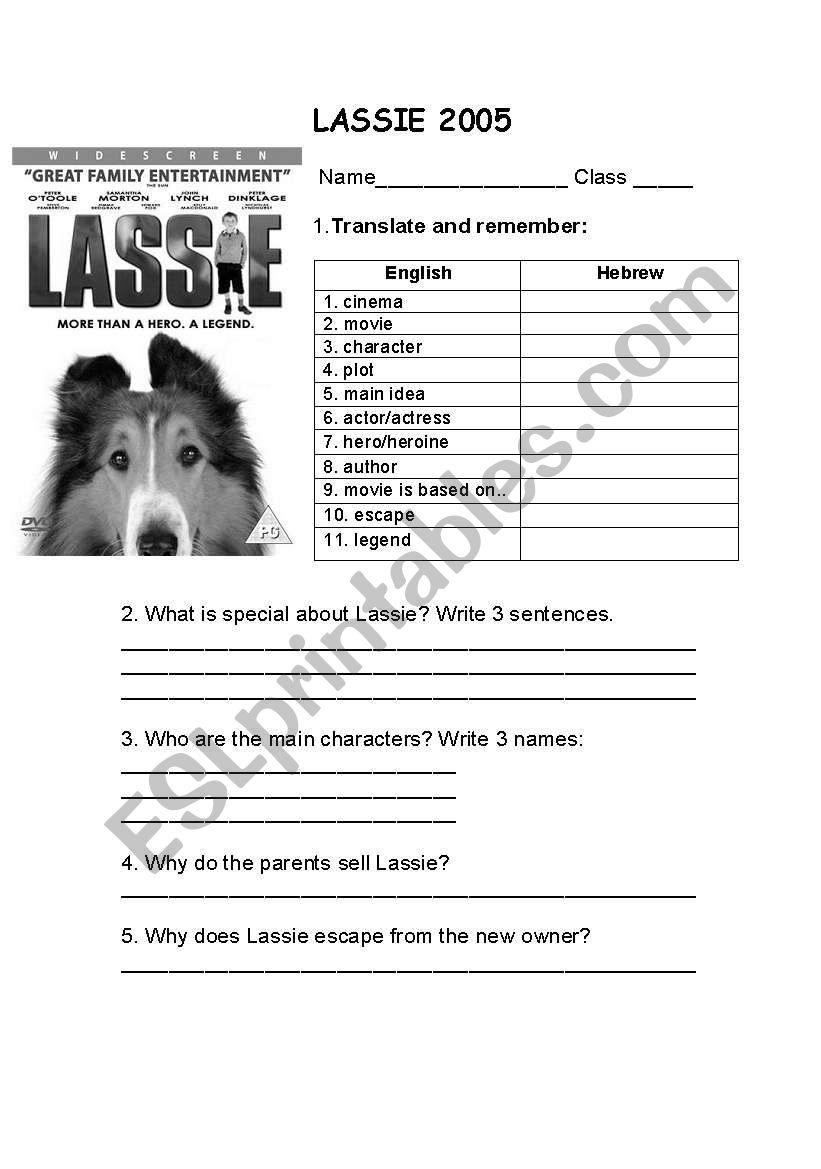 movie Lassie 2005 worksheet