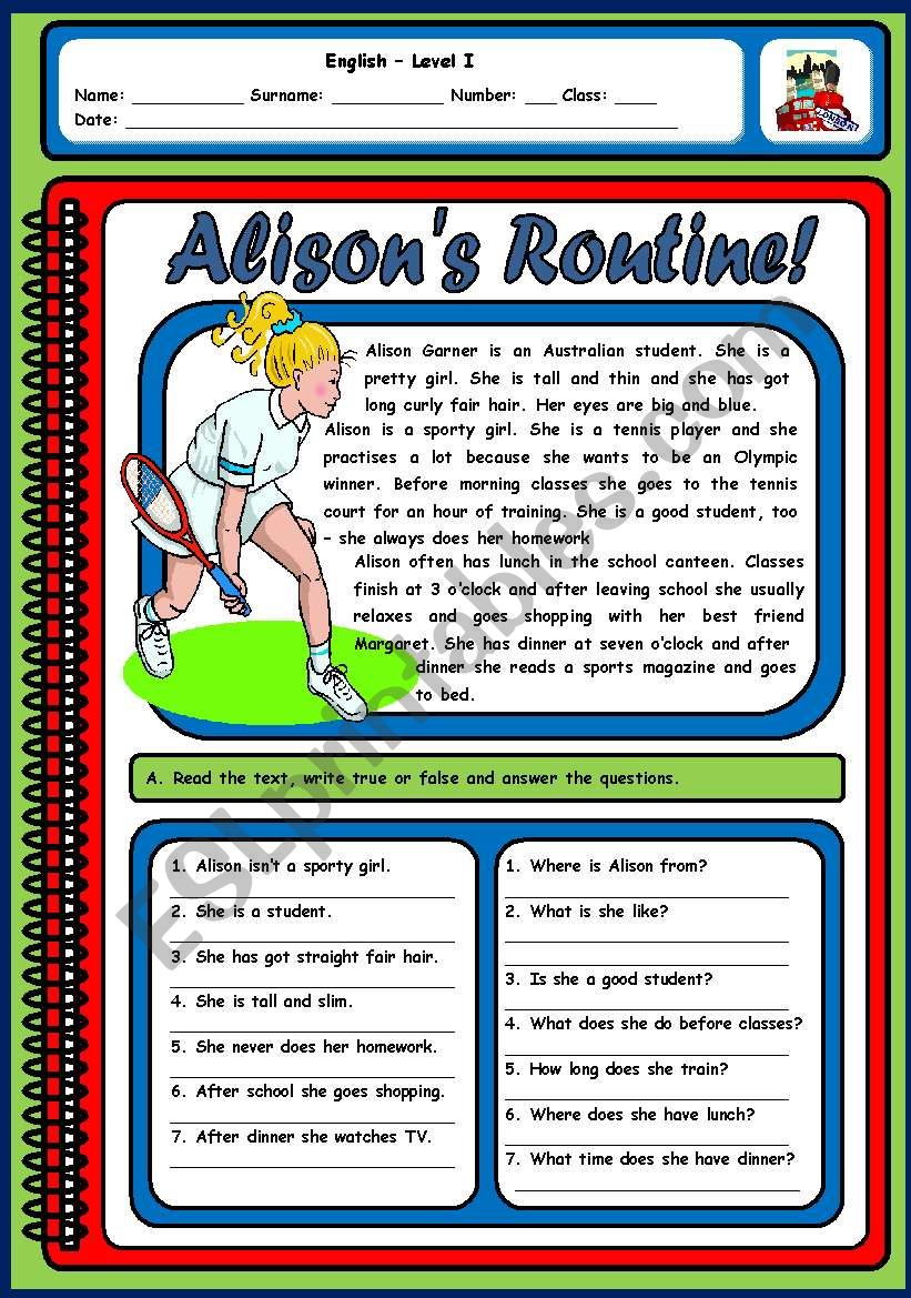 ALISONS ROUTINE - 2 PAGES worksheet