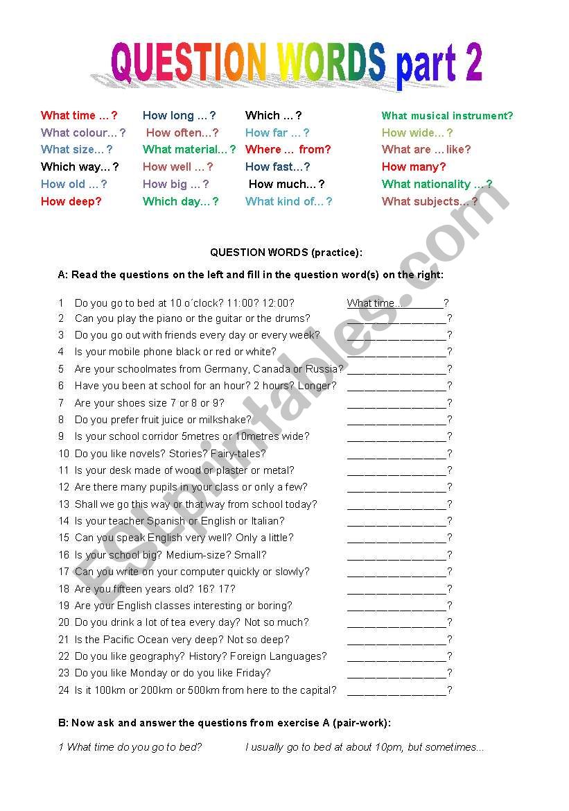 Question words part 2 worksheet