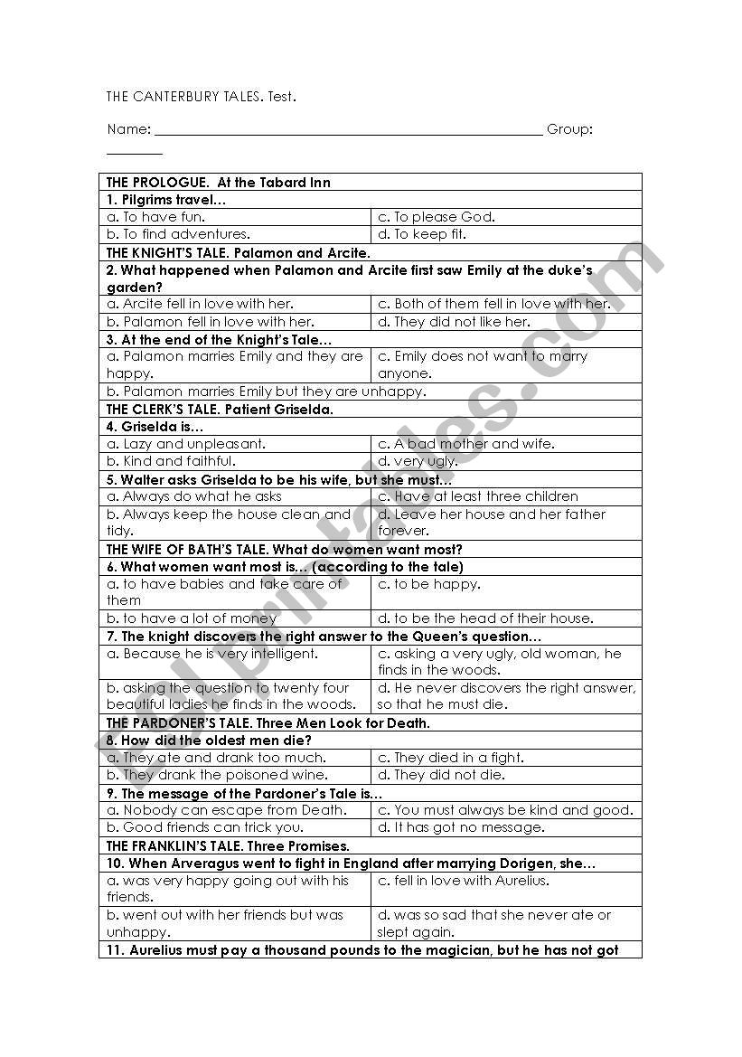 The Canterbury Tales worksheet