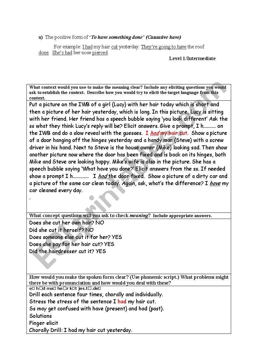 Celta assignment on the causative have/how to teach the causative have