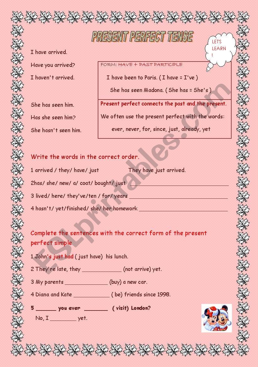 Present perfect tense worksheet
