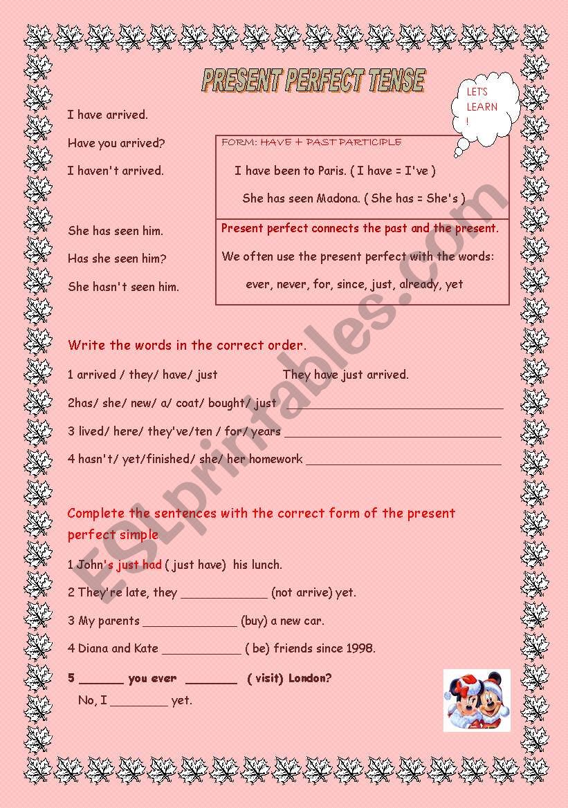 Present perfect tense worksheet