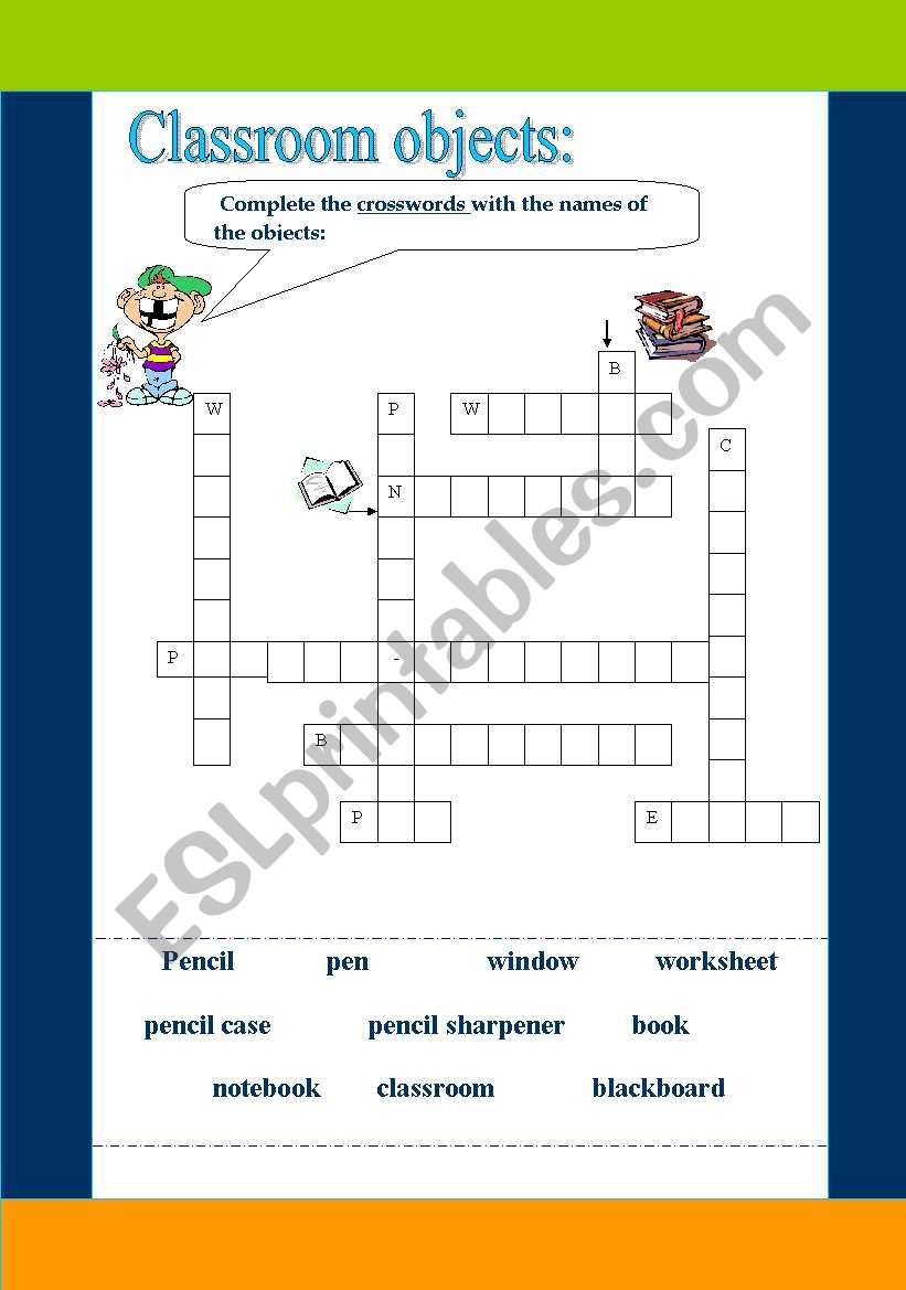 Classroom objects crosswords worksheet