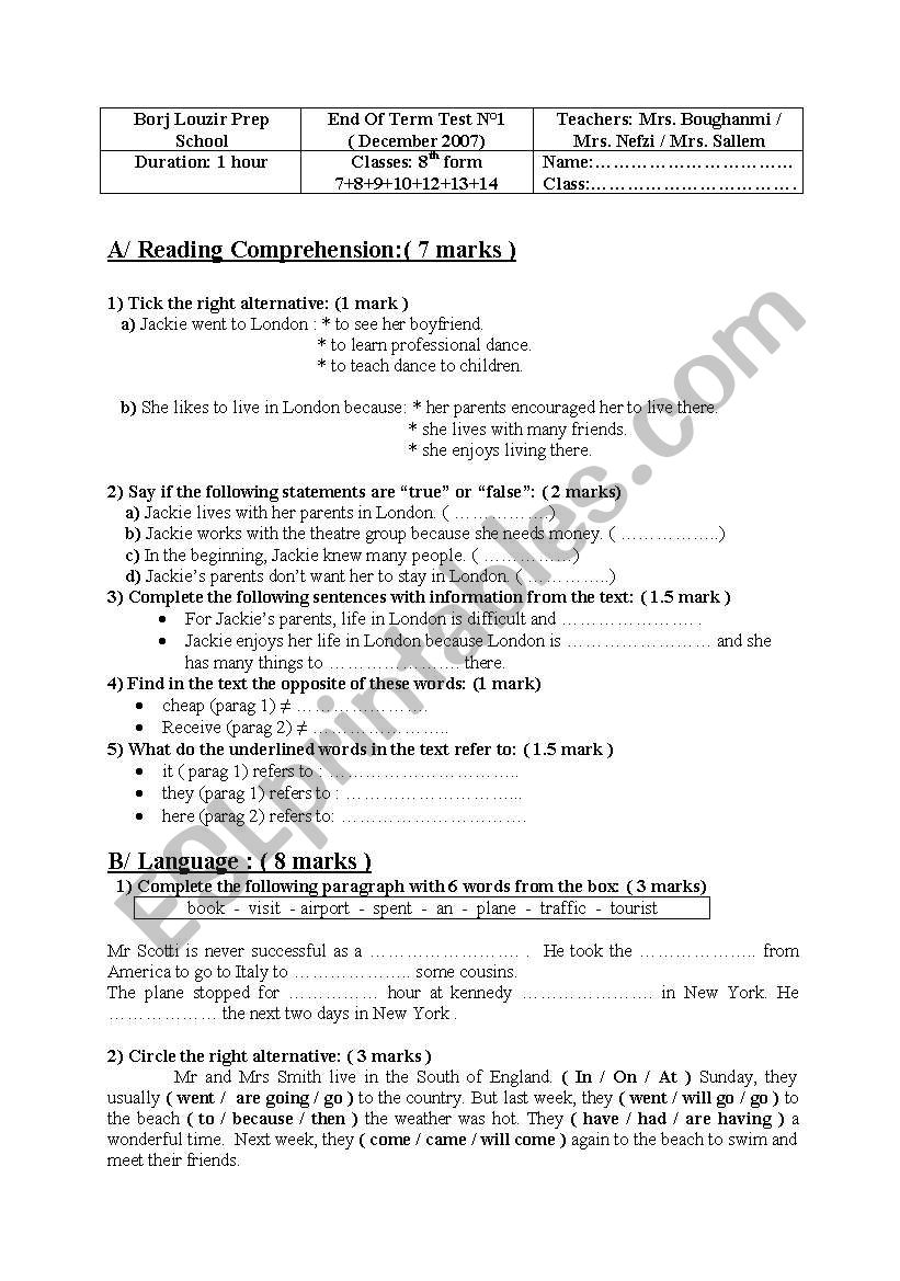 English Test worksheet