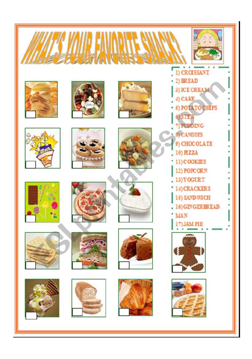 What´s your favorite snack? ESL worksheet by lazy_daisy