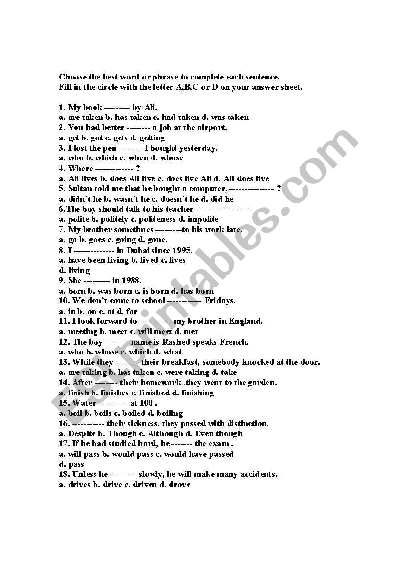 Grammer Test worksheet