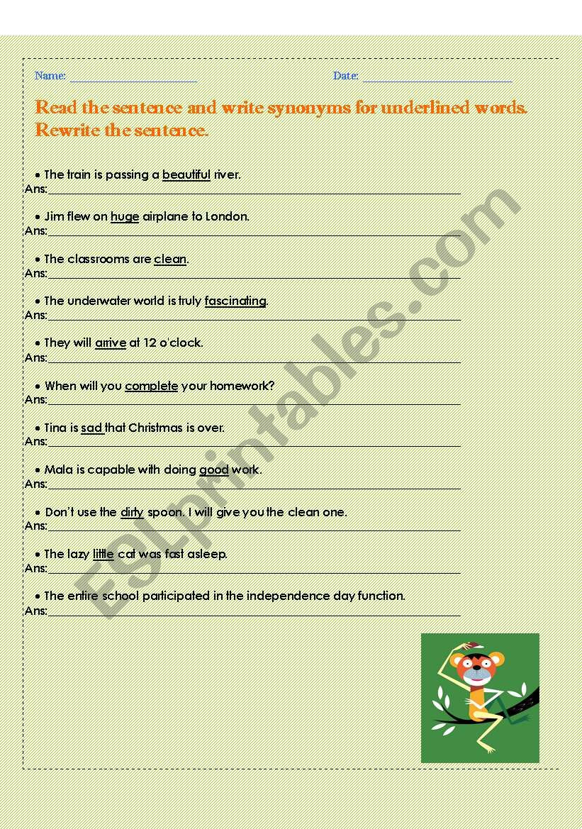 English Worksheets Synonyms Sentences 