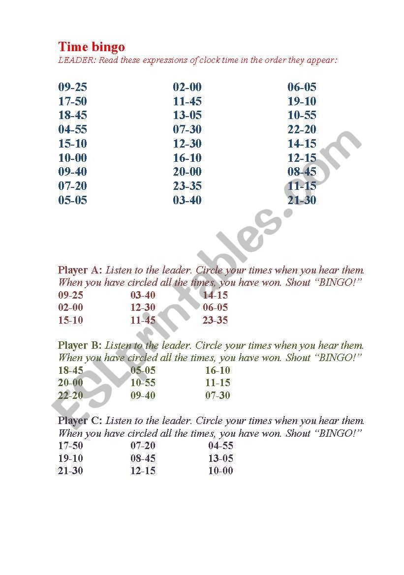 TIME BINGO! worksheet