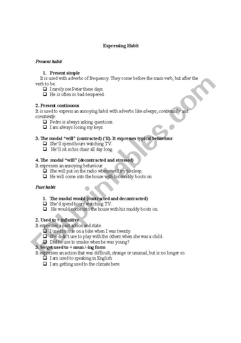 present habit worksheet