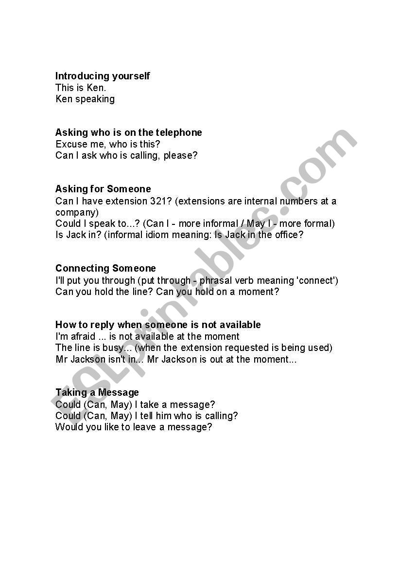 telephone phrases worksheet