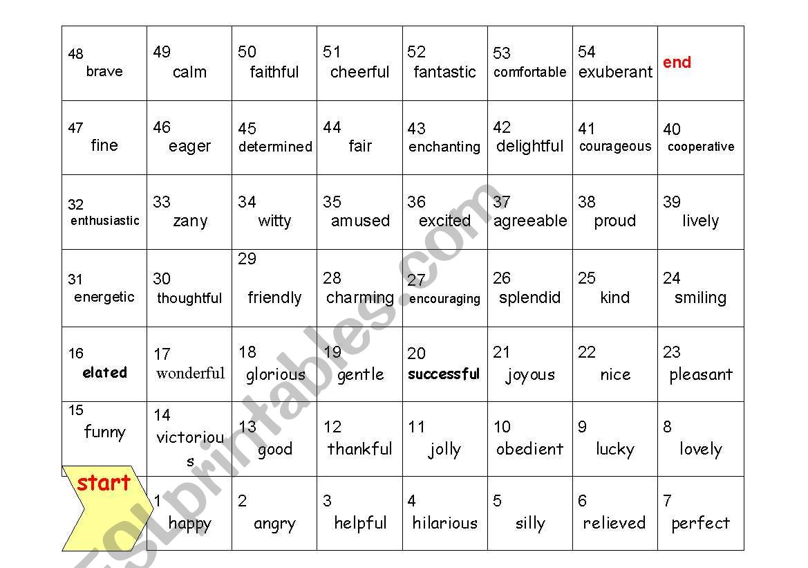 adjective feelings game 1 worksheet