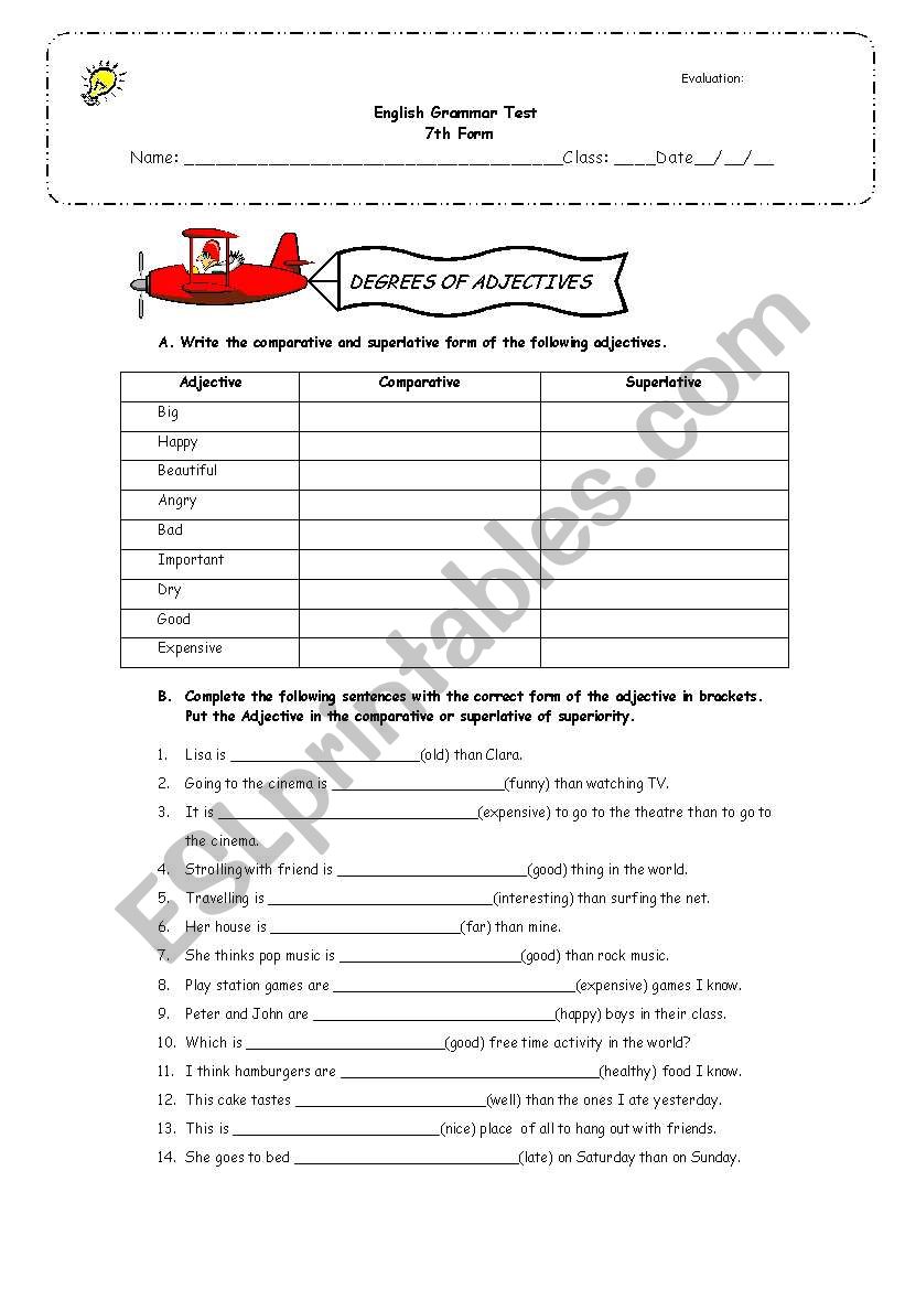 Degrees of adjectives Test worksheet