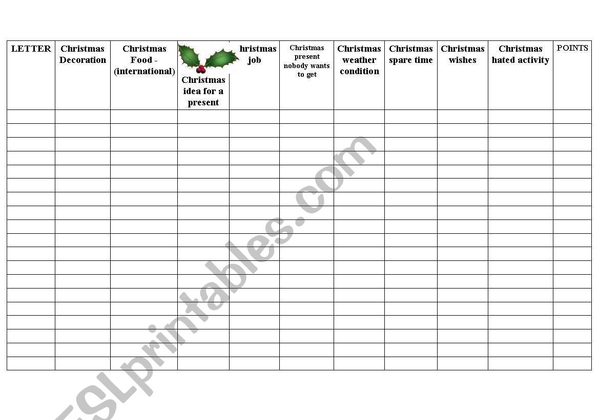 CHRISTMAS CATEGORY GAME worksheet