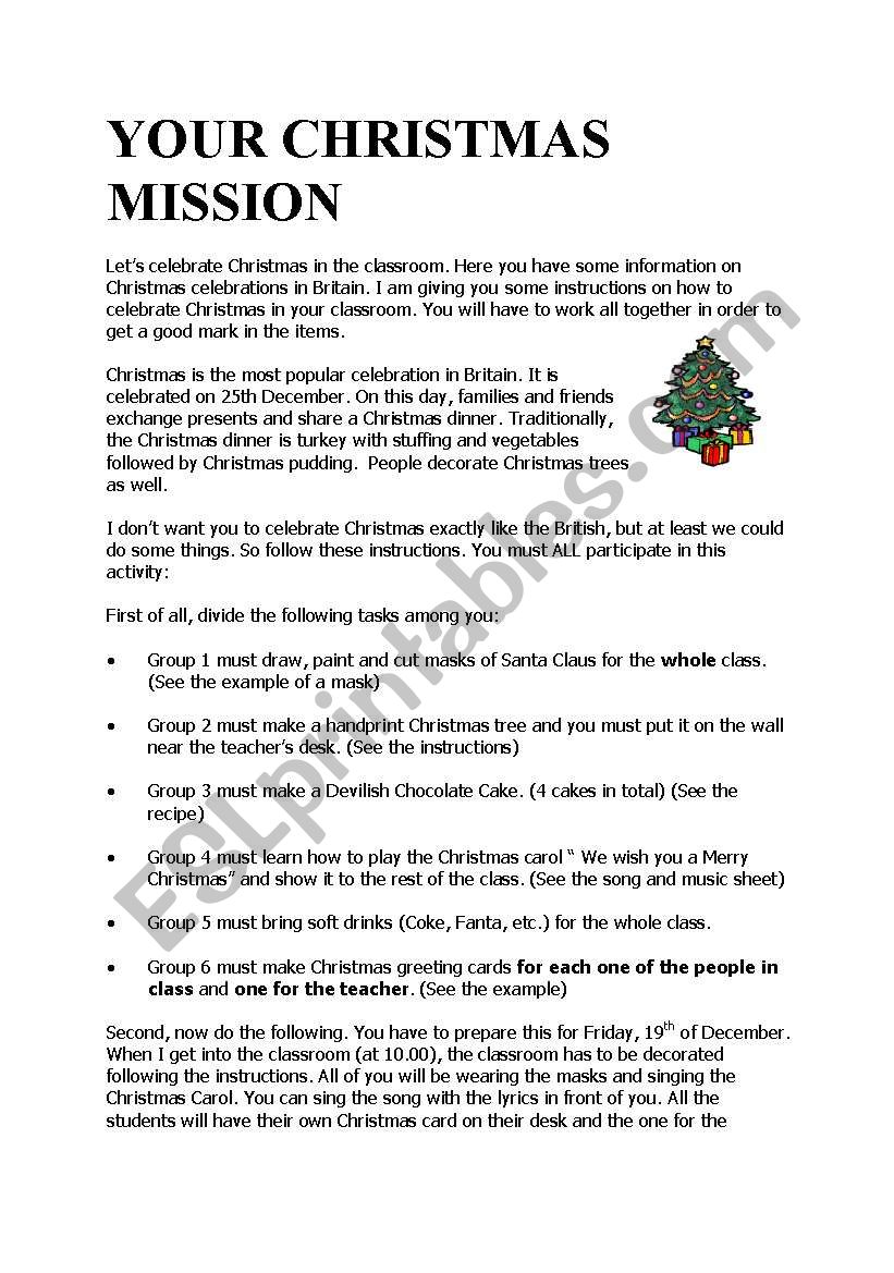 YOUR CHRISTMAS MISSION worksheet