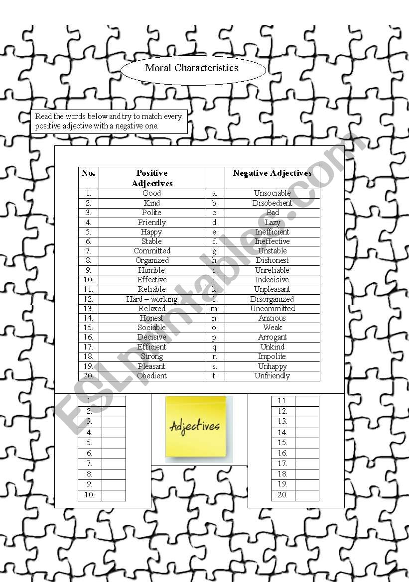 Moral Characteristics worksheet