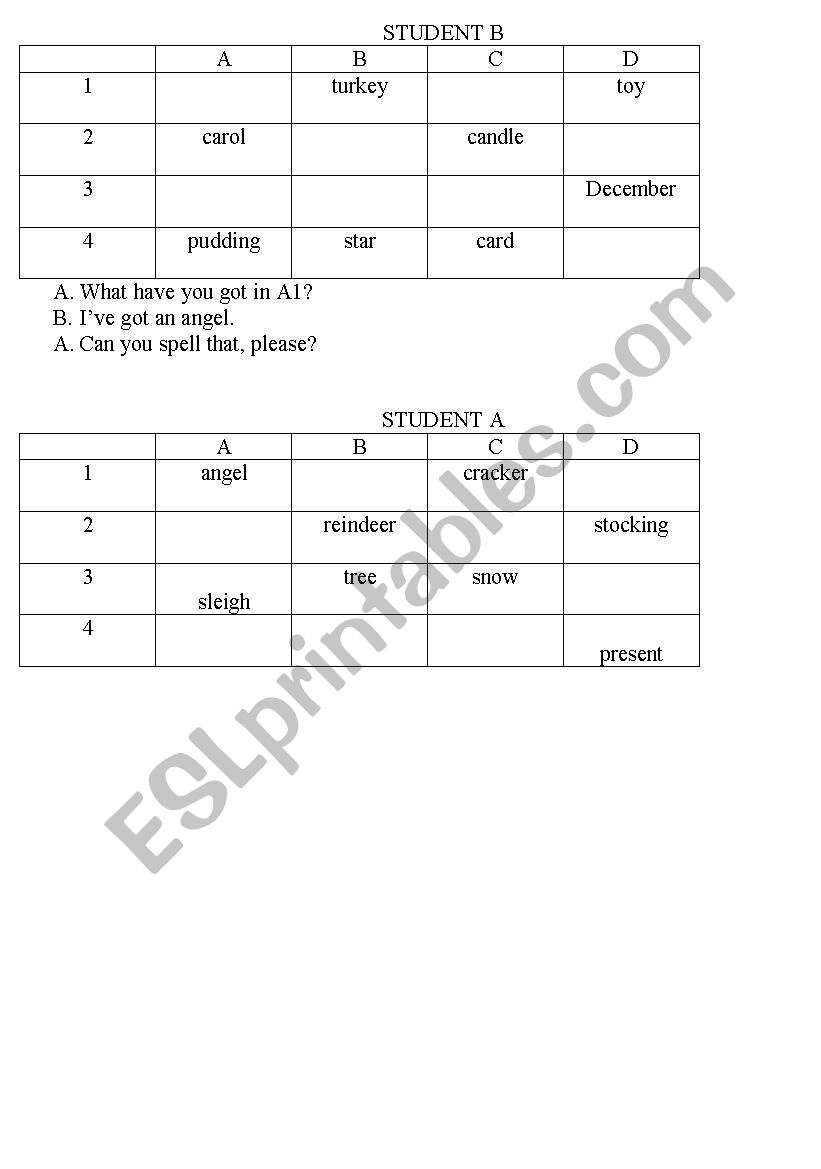 Christmas battle ship worksheet