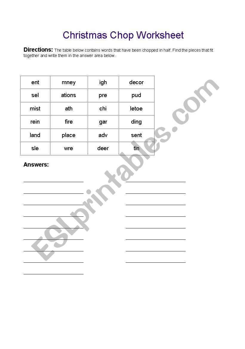 xmas words chop worksheet