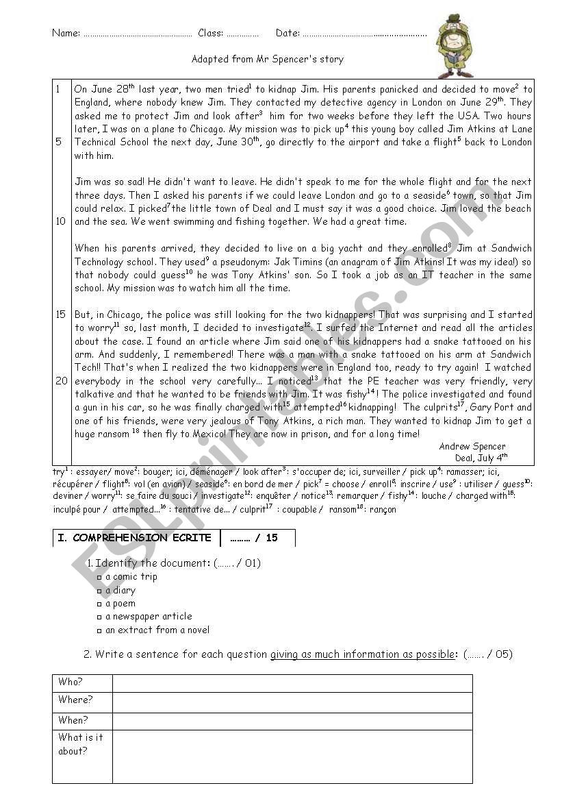 Mr Spencers story worksheet