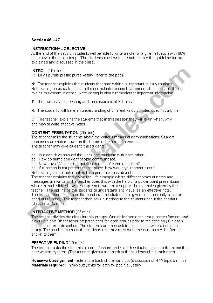 note writing worksheet