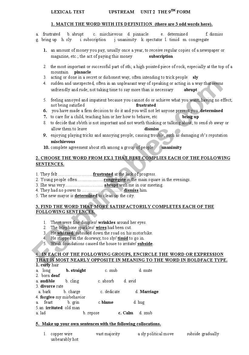 Lexical Test. Upstream Intermediate. Unit 2