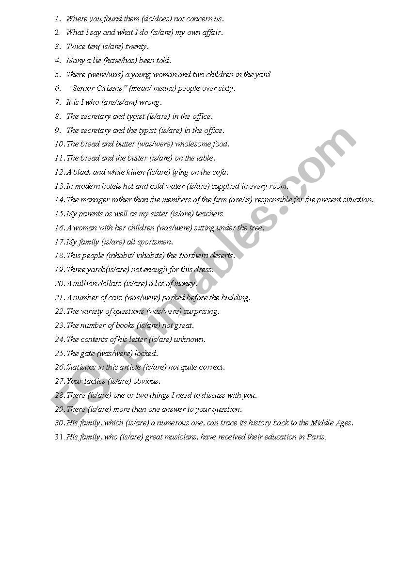 Subject + Verb agreement worksheet