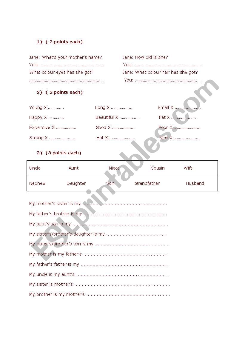 family members and adjectives worksheet
