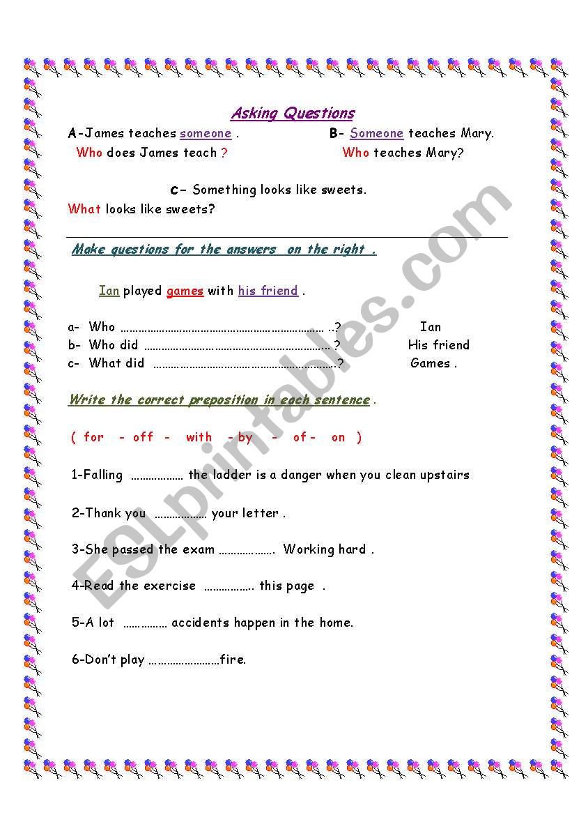 Asking Questions&Prepositions worksheet