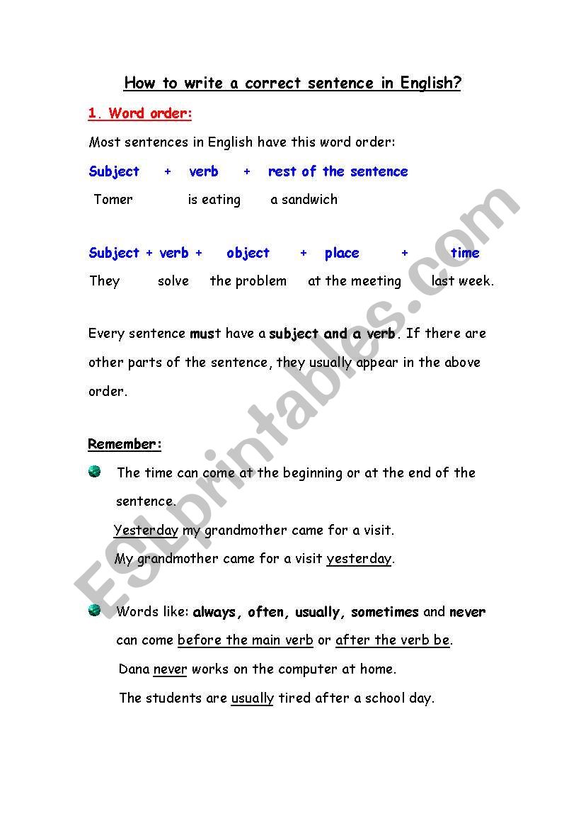 English worksheets: how to write a right sentence in english