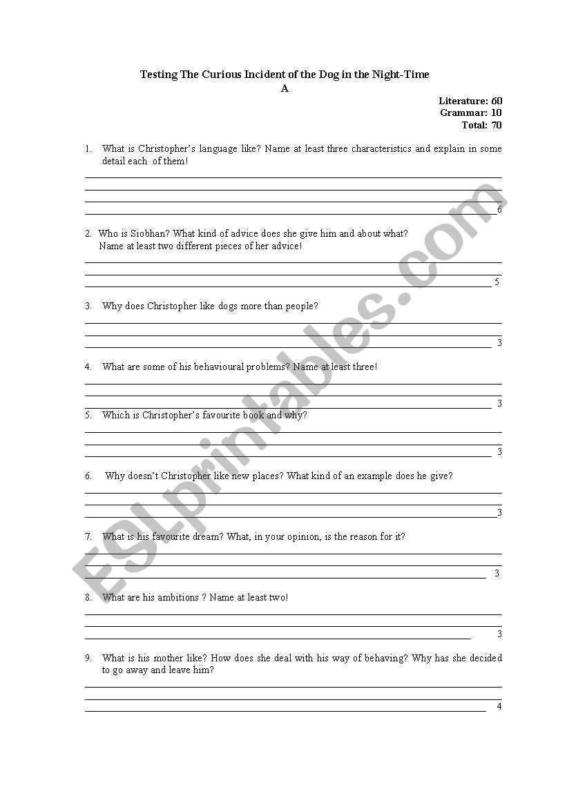 Testing The Curious Incident worksheet