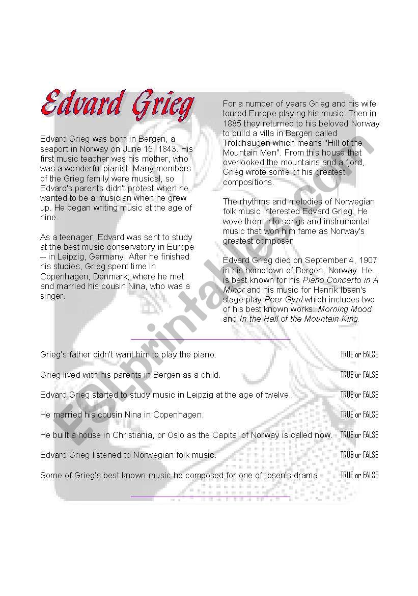 Edvard Grieg worksheet