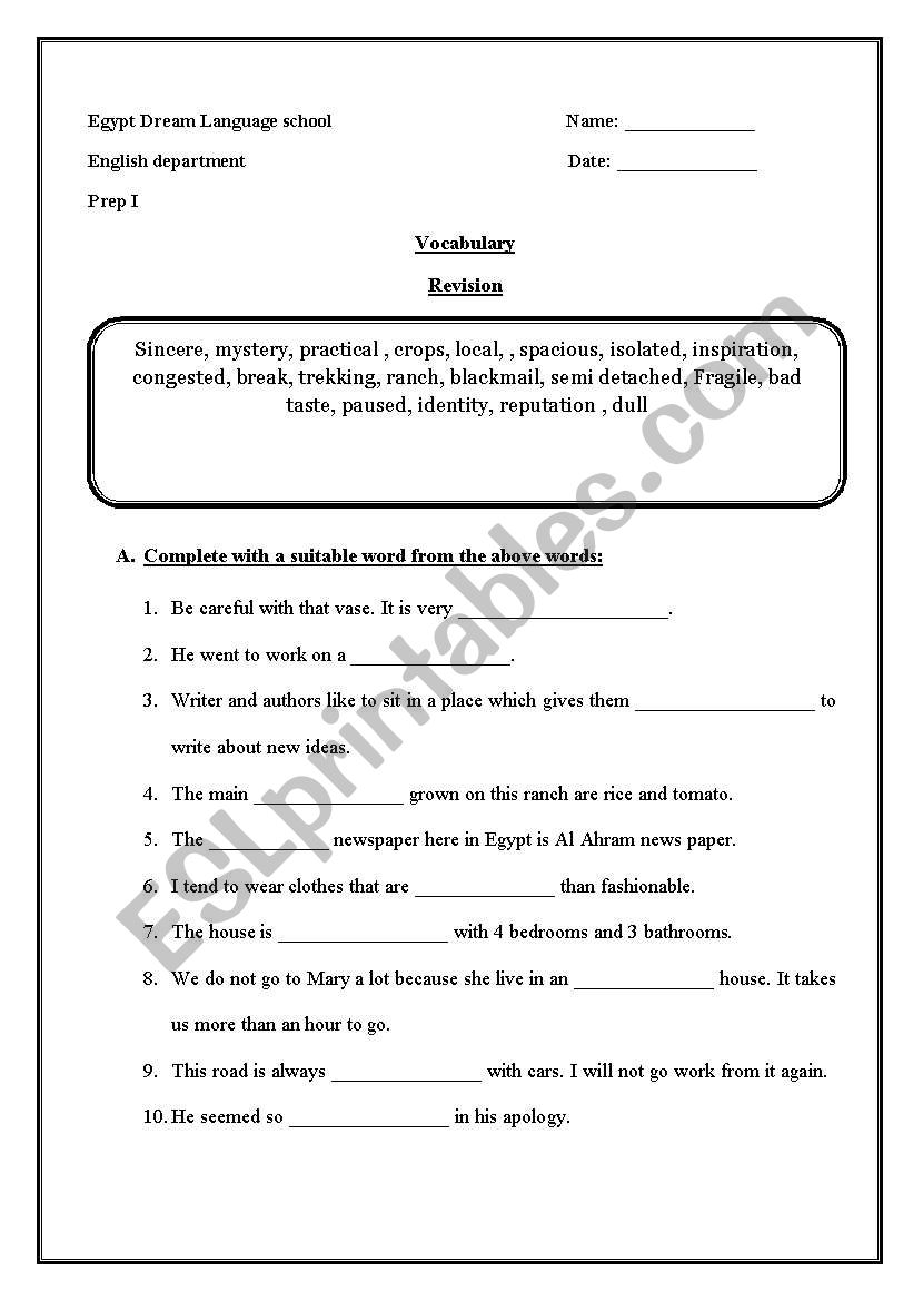 vocabulary  worksheet