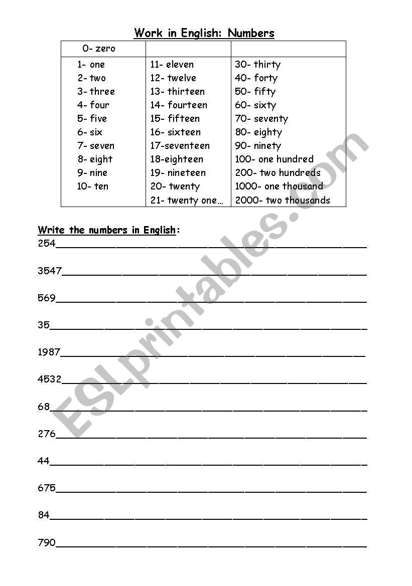 Numbers worksheet