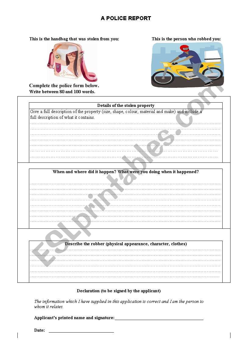 A Police Report worksheet
