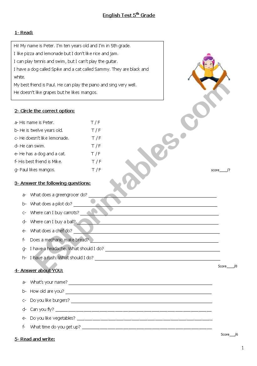 5th grade test worksheet