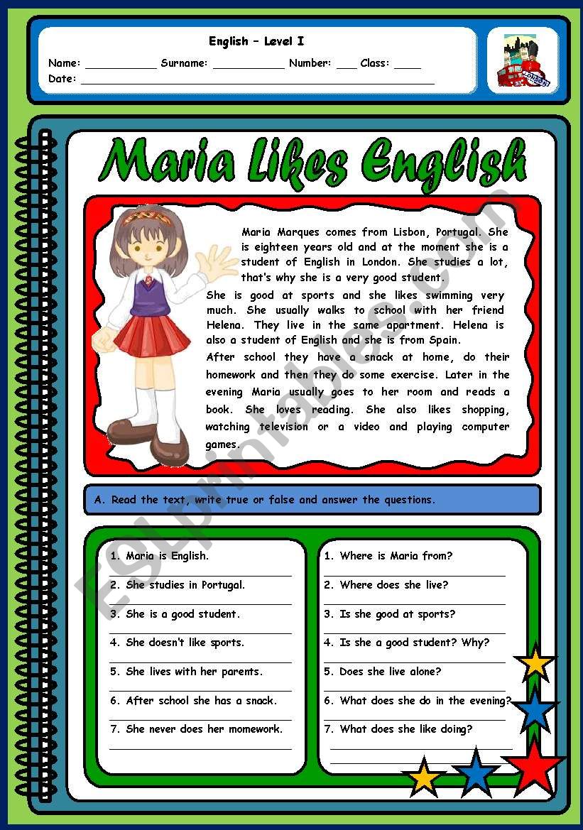 MARIA LIKES ENGLISH (ROUTINES AND LIKES/DISLIKES - 2 PAGES)