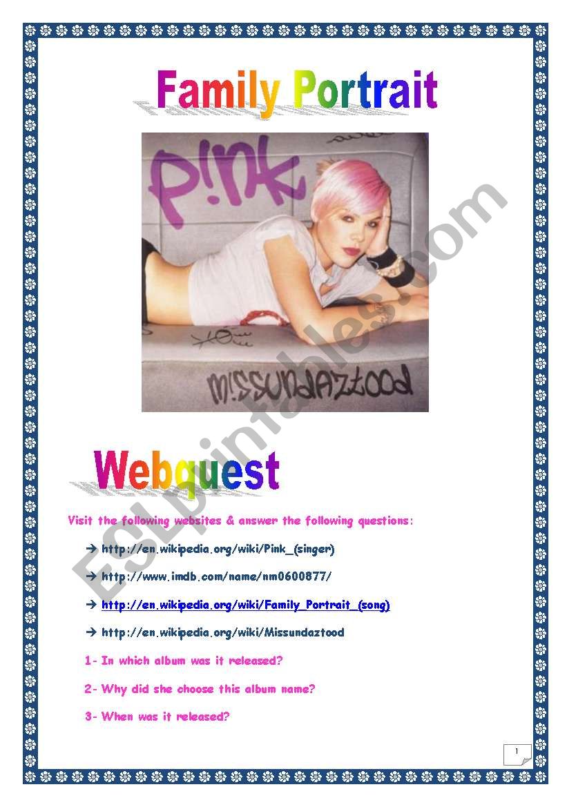 P!NK WEBQUEST N3 - FAMILY PORTRAIT (8 tasks, 3 pages, Comprehensive ANSWER KEY)