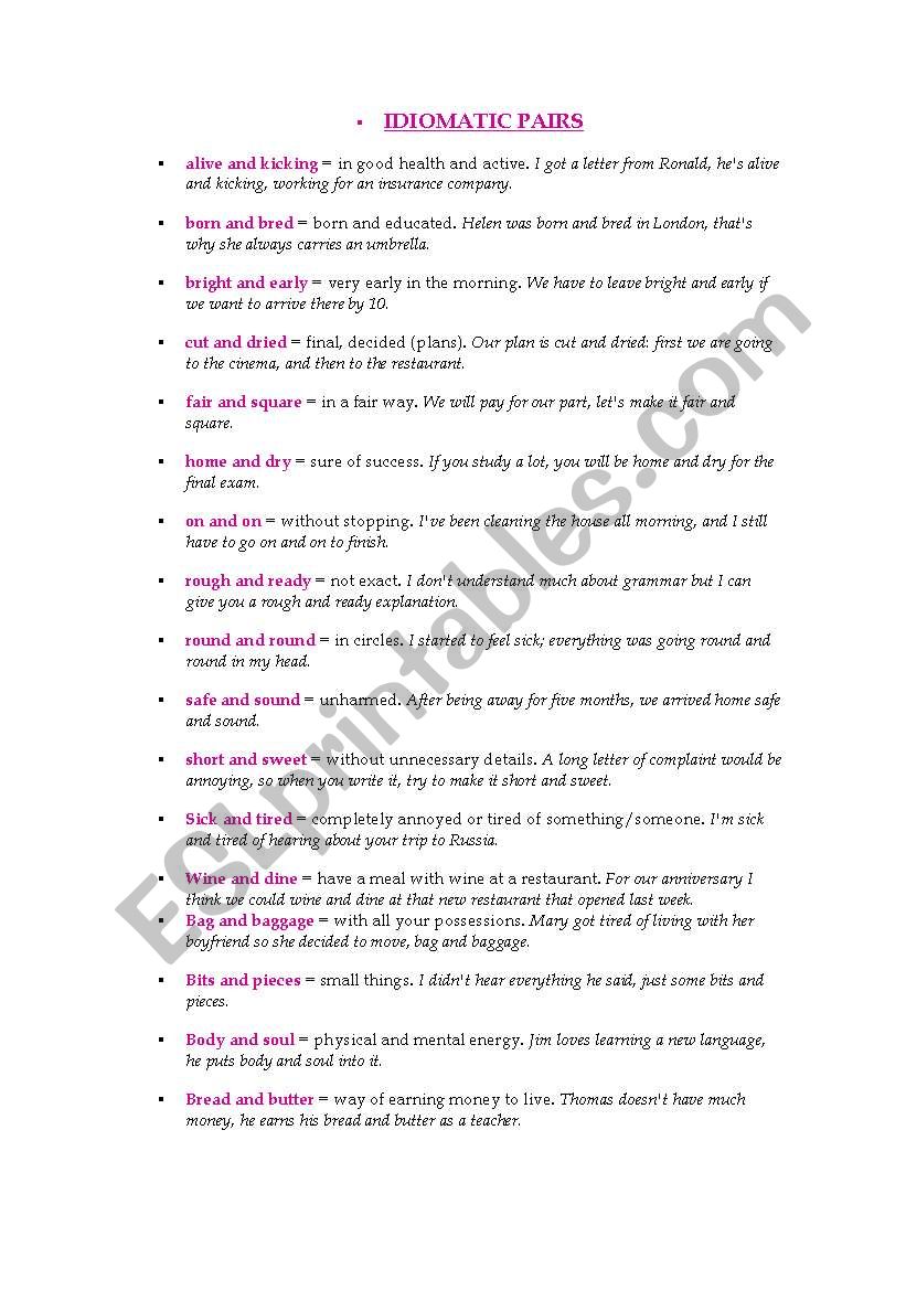 IDIOMATIC PAIRS worksheet