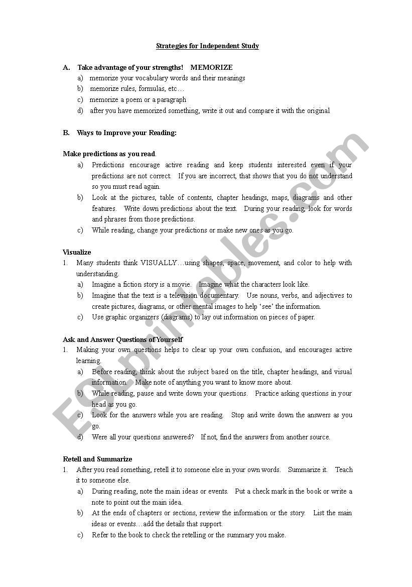 Independent Study Strategies worksheet