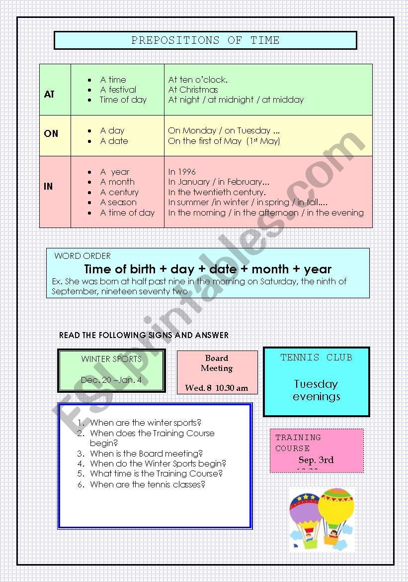 PREPOSITIONS OF TIME worksheet