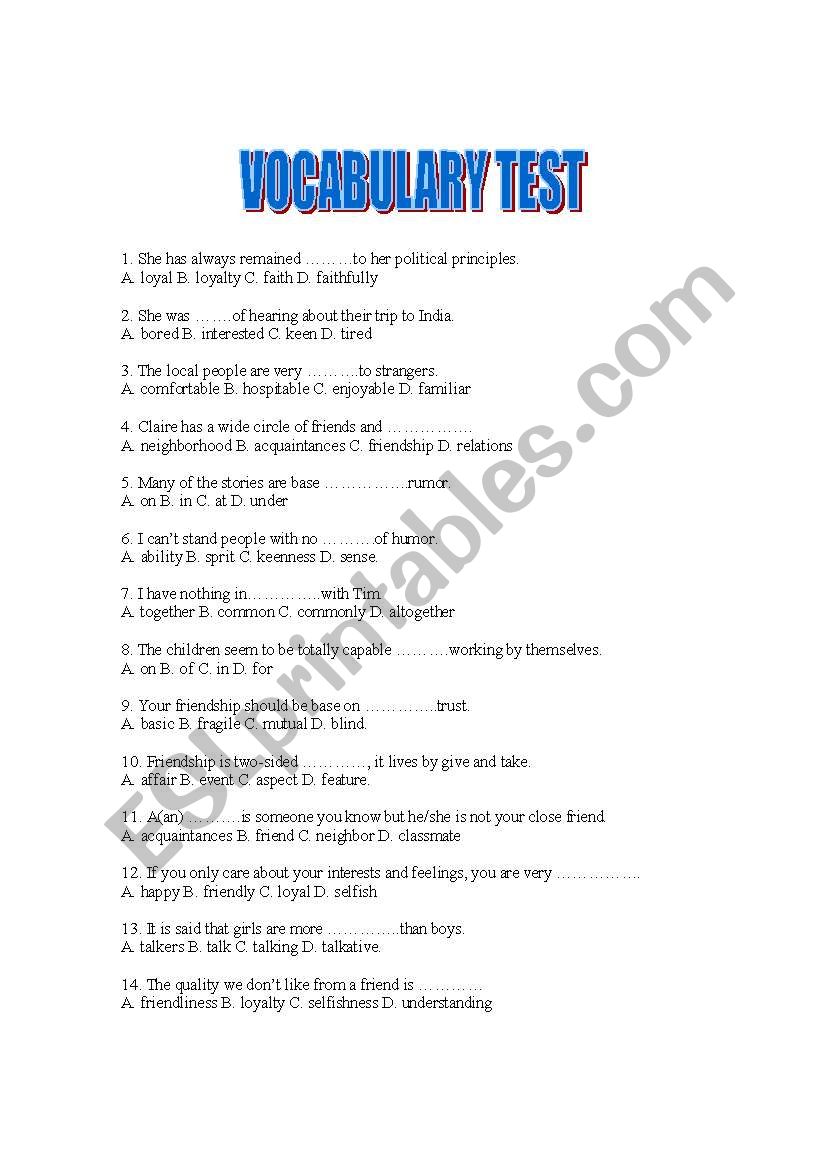 Vocabulary test worksheet