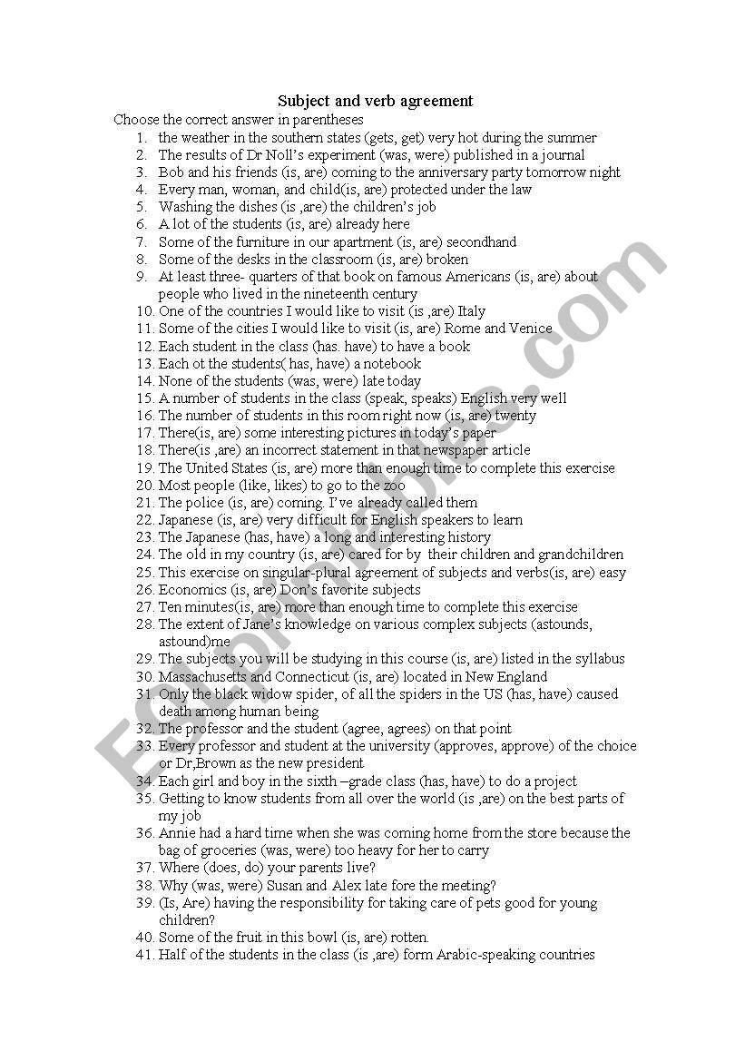 subject and verb agreement worksheet
