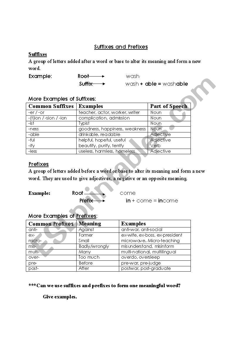 Suffixes & Prefixes worksheet