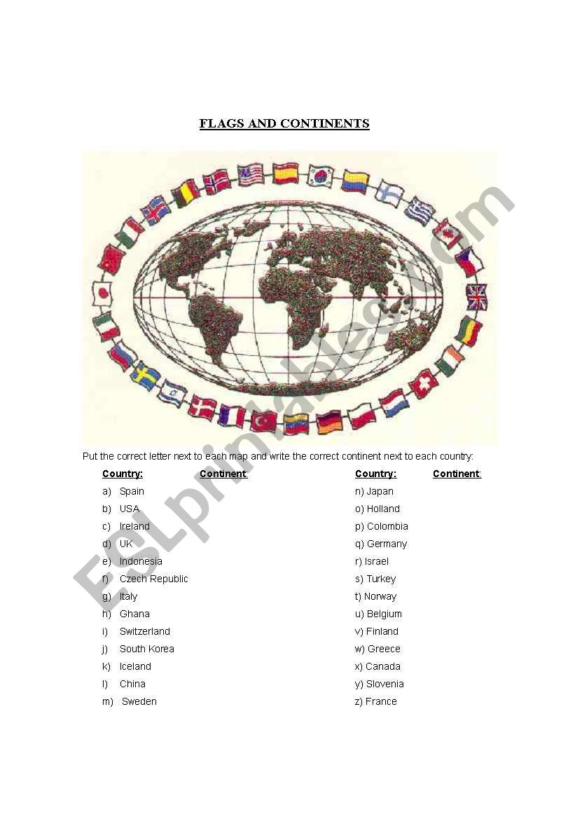 Flags and continents worksheet
