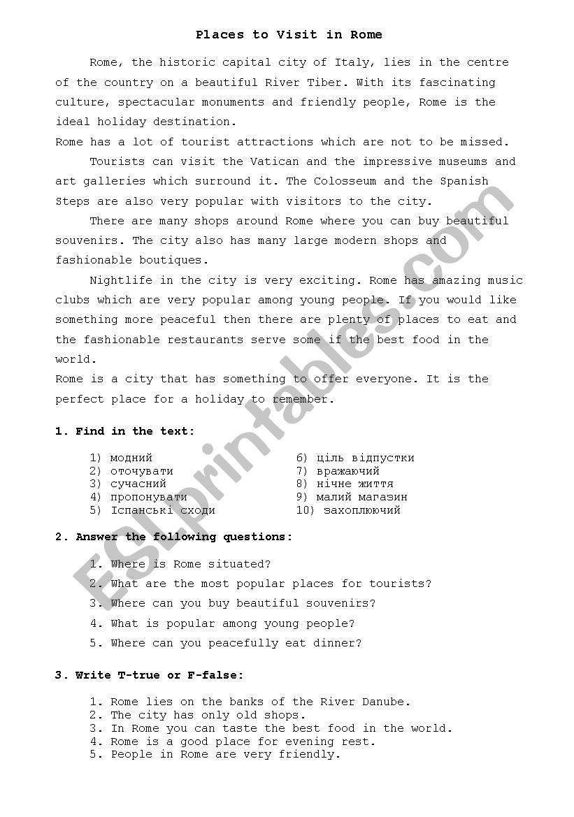 Places to visit in Rome worksheet