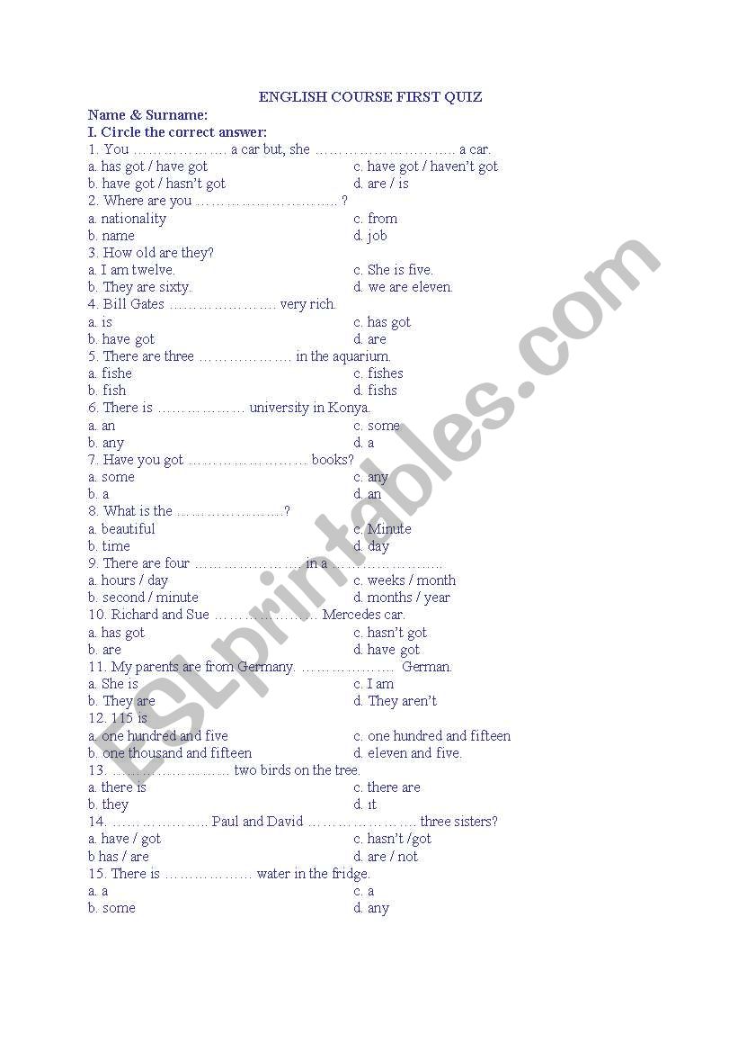 revision test worksheet