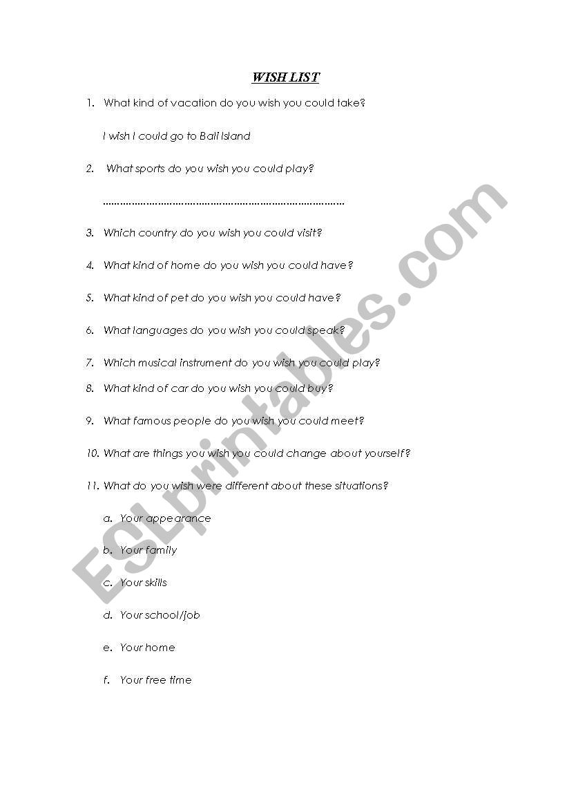 wish list worksheet