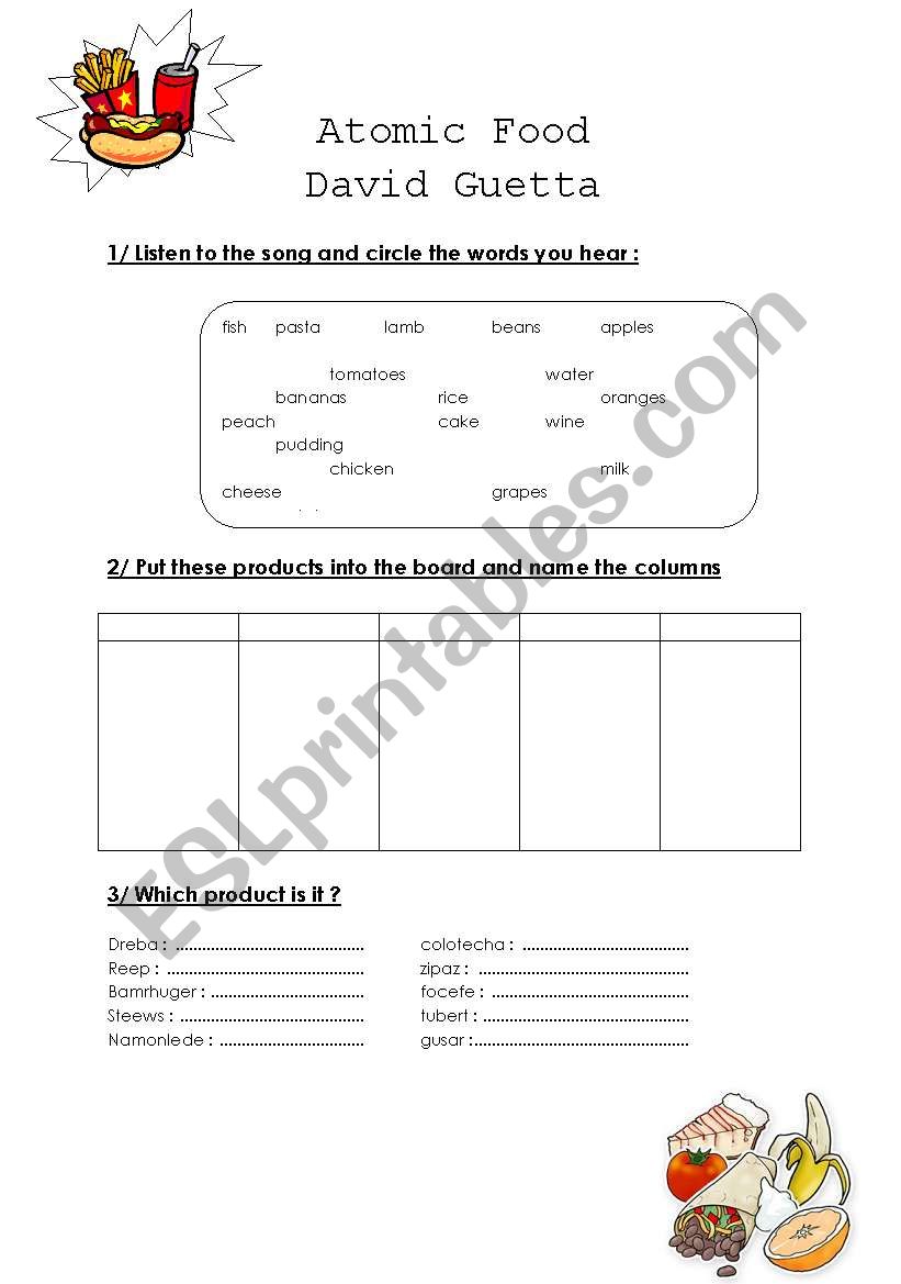 food exercises worksheet